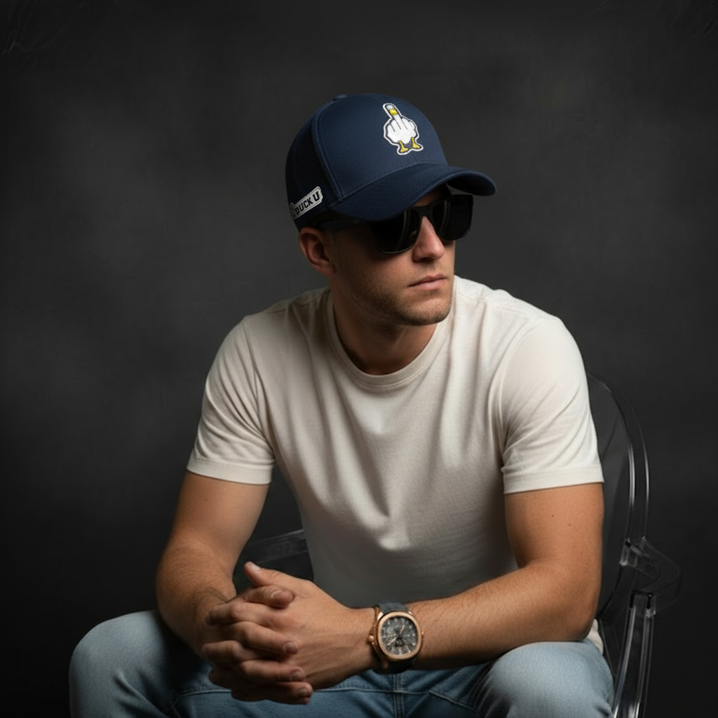"Modelo masculino usando gorra azul DUCK U estilo casual streetwear"