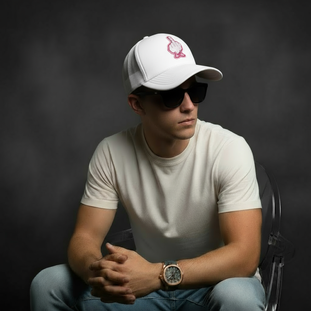 Hombre usando una gorra blanca con logo rosa estilo urbano, moda streetwear moderna.