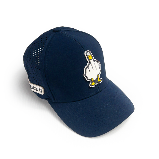 "Gorra azul DUCK U con parche frontal del pato y diseño urbano moderno"